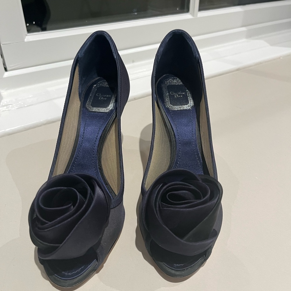 Dior Navy Peep-Toe Heels with Floral Detail
